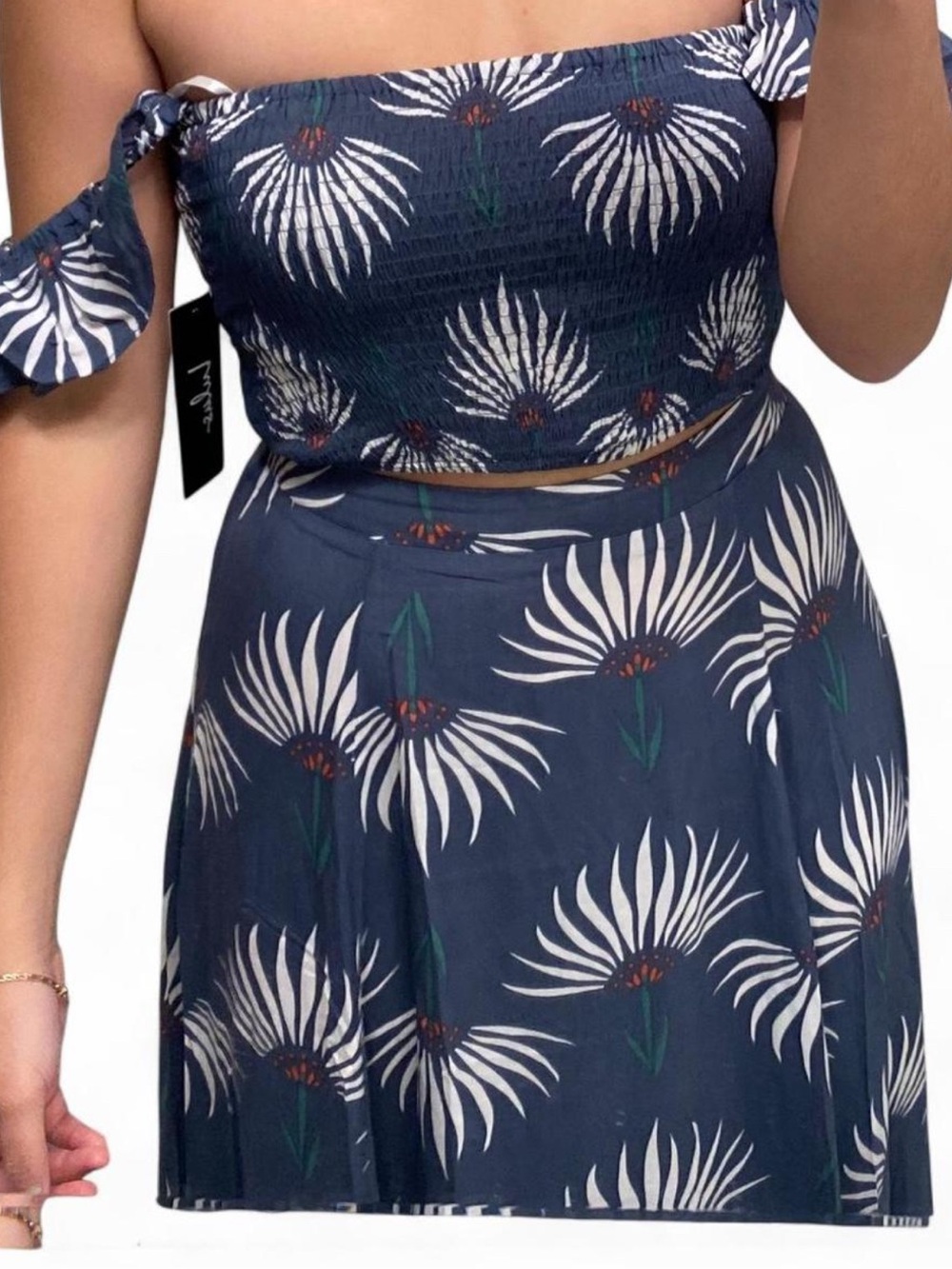 Lulu's Navy Floral Strapless Crop Top & A-Line Skirt Set